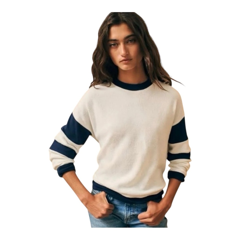 Faherty Beach Fleece Ringer Crewneck Sweatshirt Size Xs Cream Navy Blue Striped